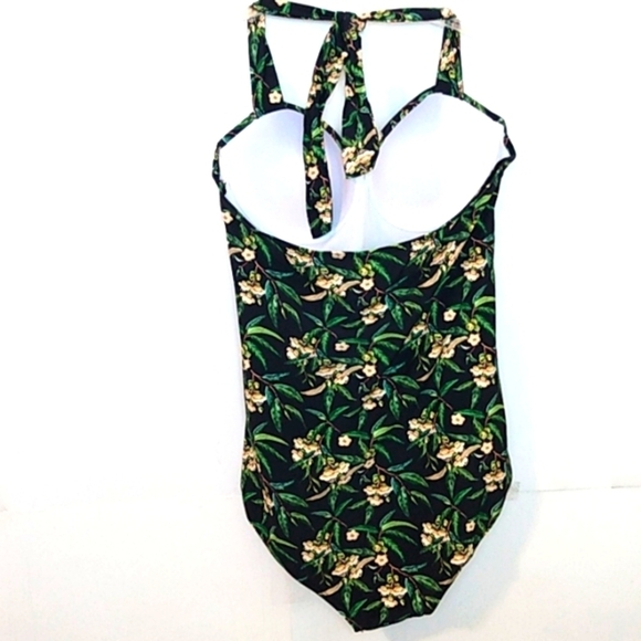 159 MATERNITY BLACK GREEN RUCHED V-NECK HALTER TIE ONE PIECE SWIMSUIT SZ XL NWOT - Picture 4 of 7